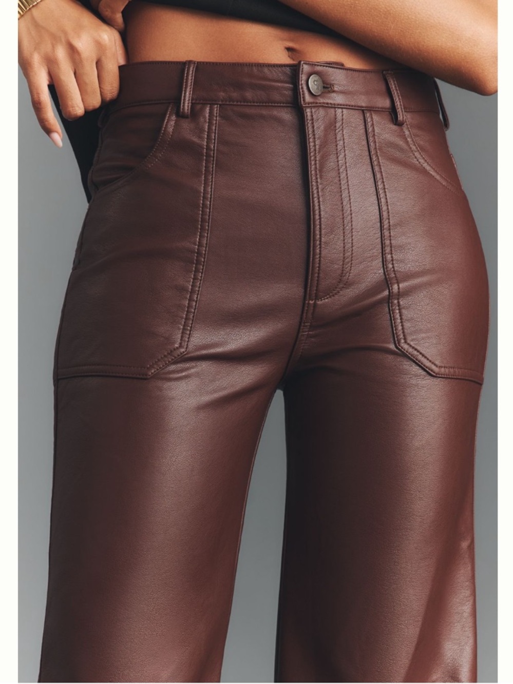 🟠NWT PILCRO Rylan Faux Leather Relaxed High-Rise Flare Pants Cocoa Plum - Picture 4 of 11